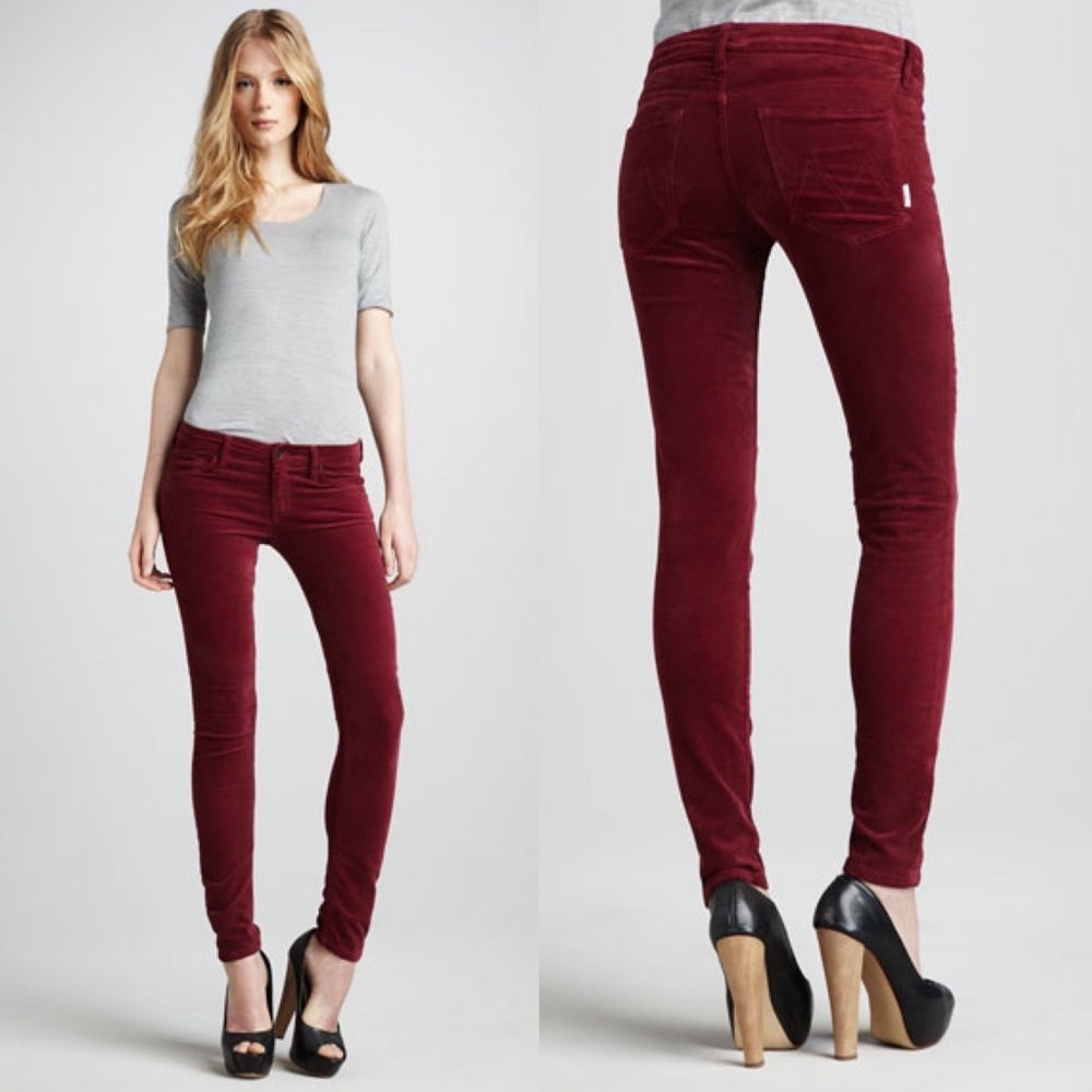 MOTHER Looker Velvet Skinny Jeans in My Life as a Snow Bunny Wine Red